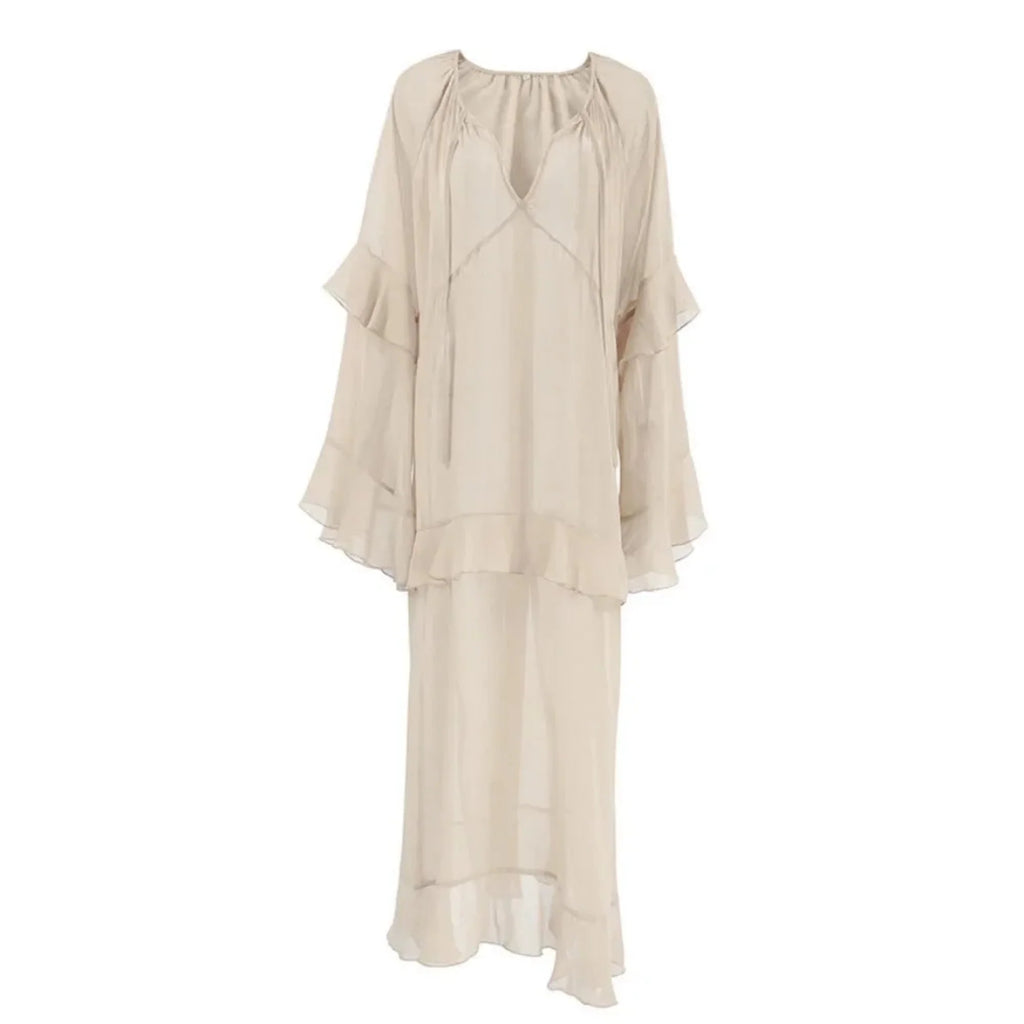 Luxe Sheer Beige Flowing Dress - Ruffled Long Sleeve