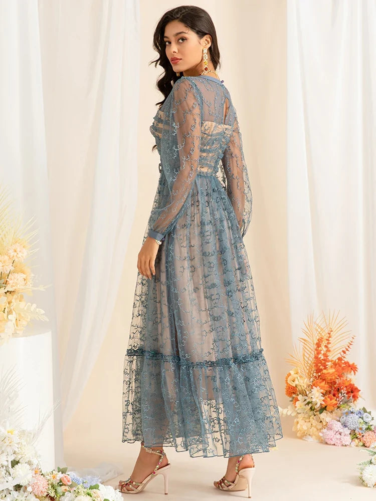 Elegant Blue Embroidered Mesh Long Dress