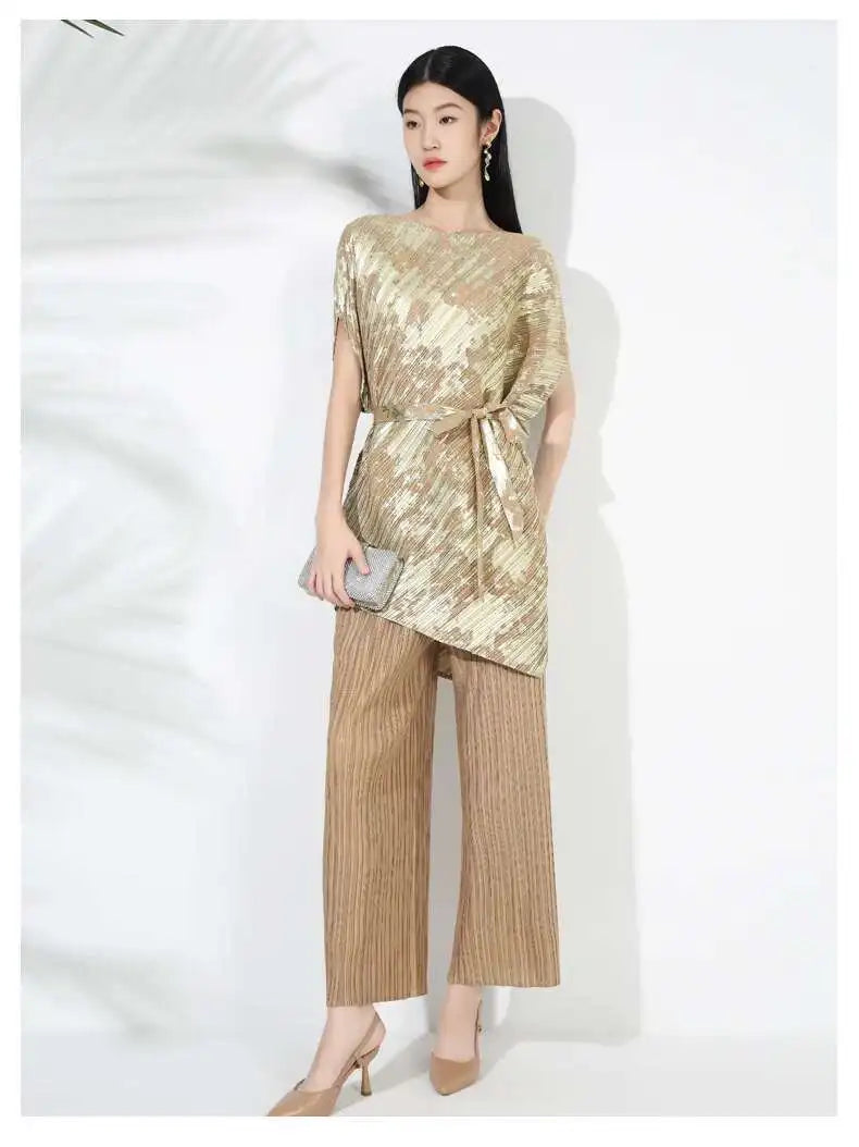 Gold Pleated Top & Pant Set