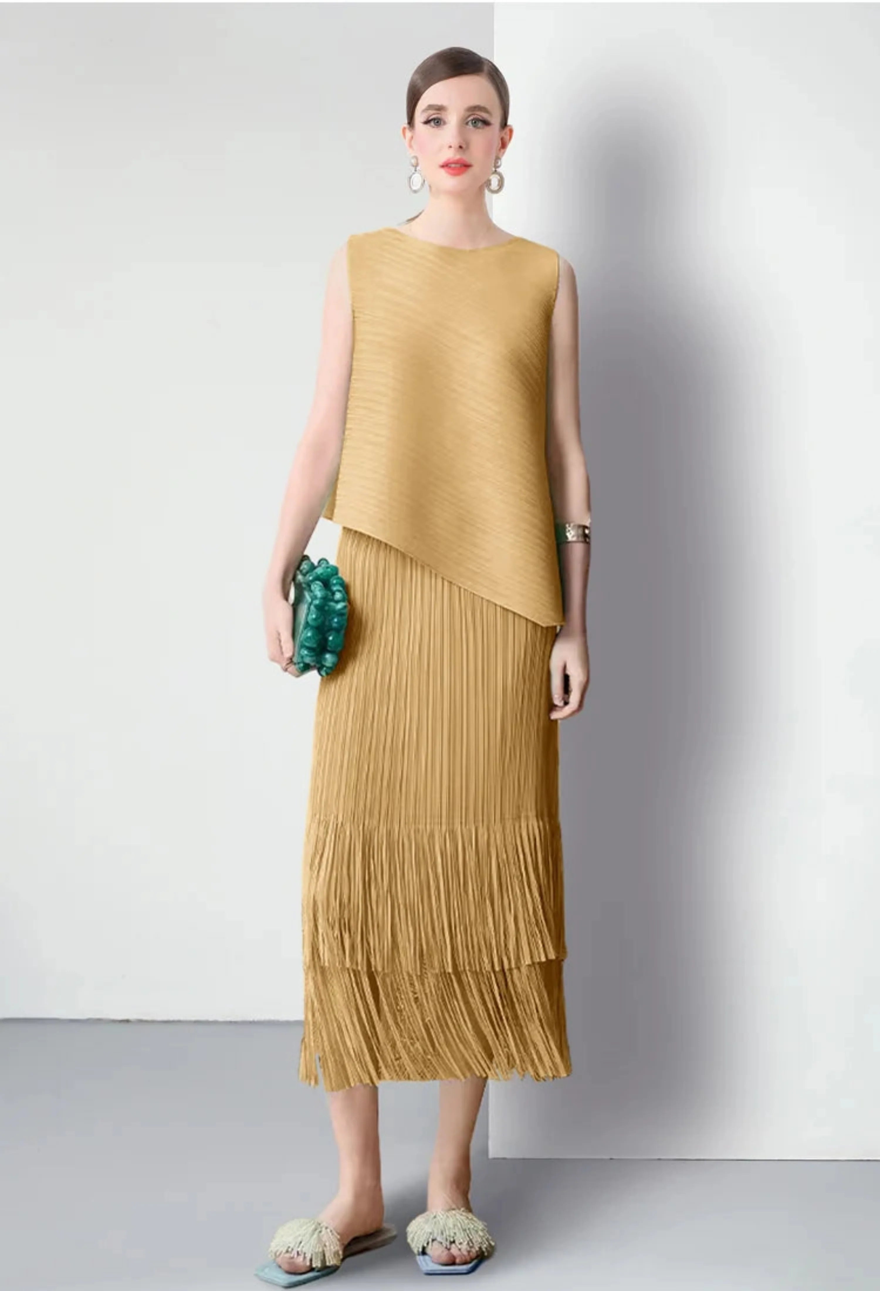 Luxury Plissé Pleated Tassel Skirt Set