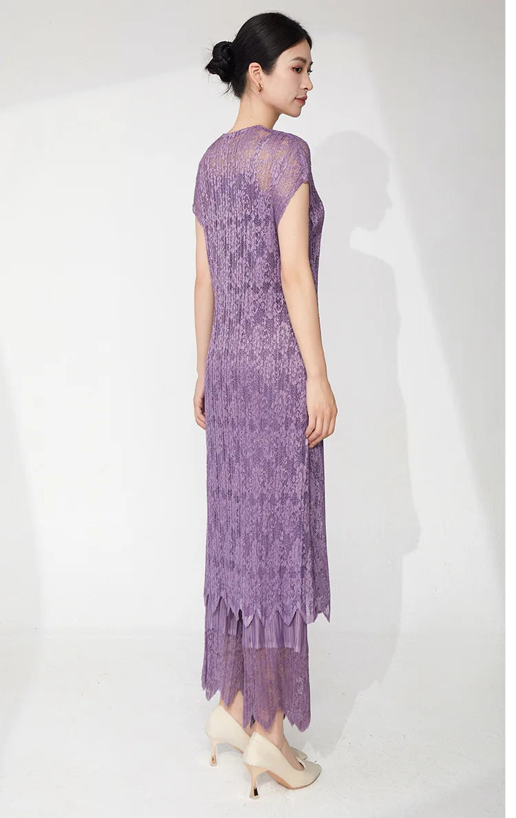 Lace Pleated Pant Suit 2-Piece Set