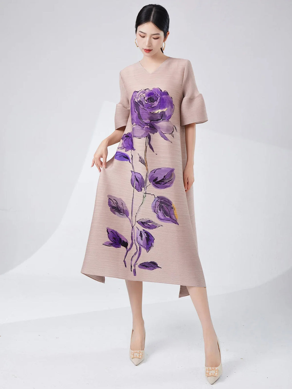 Women's Elegant Japanese Pleated Floral Dress