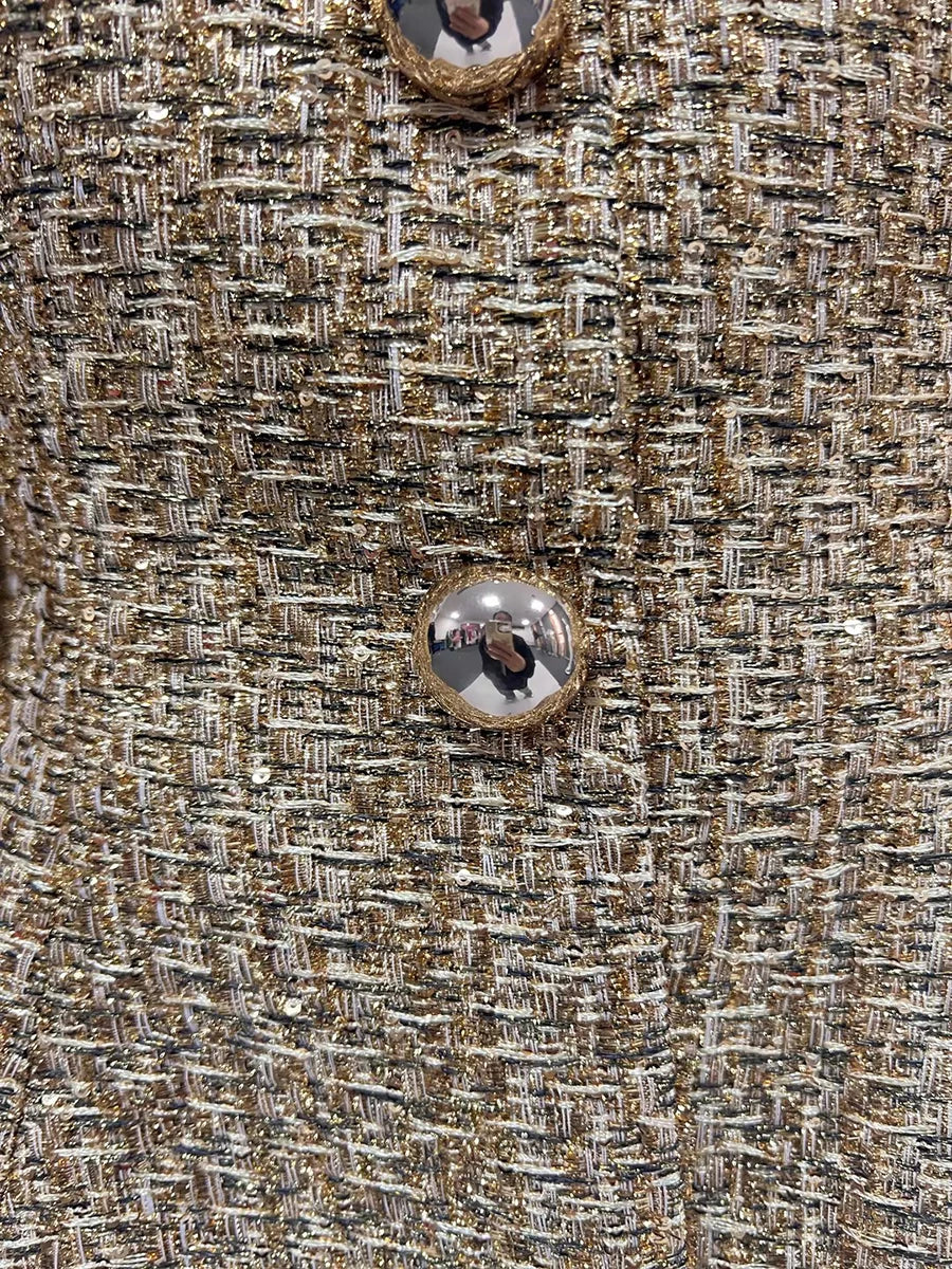 Women's Gold Metallic Tweed Peplum Jacket