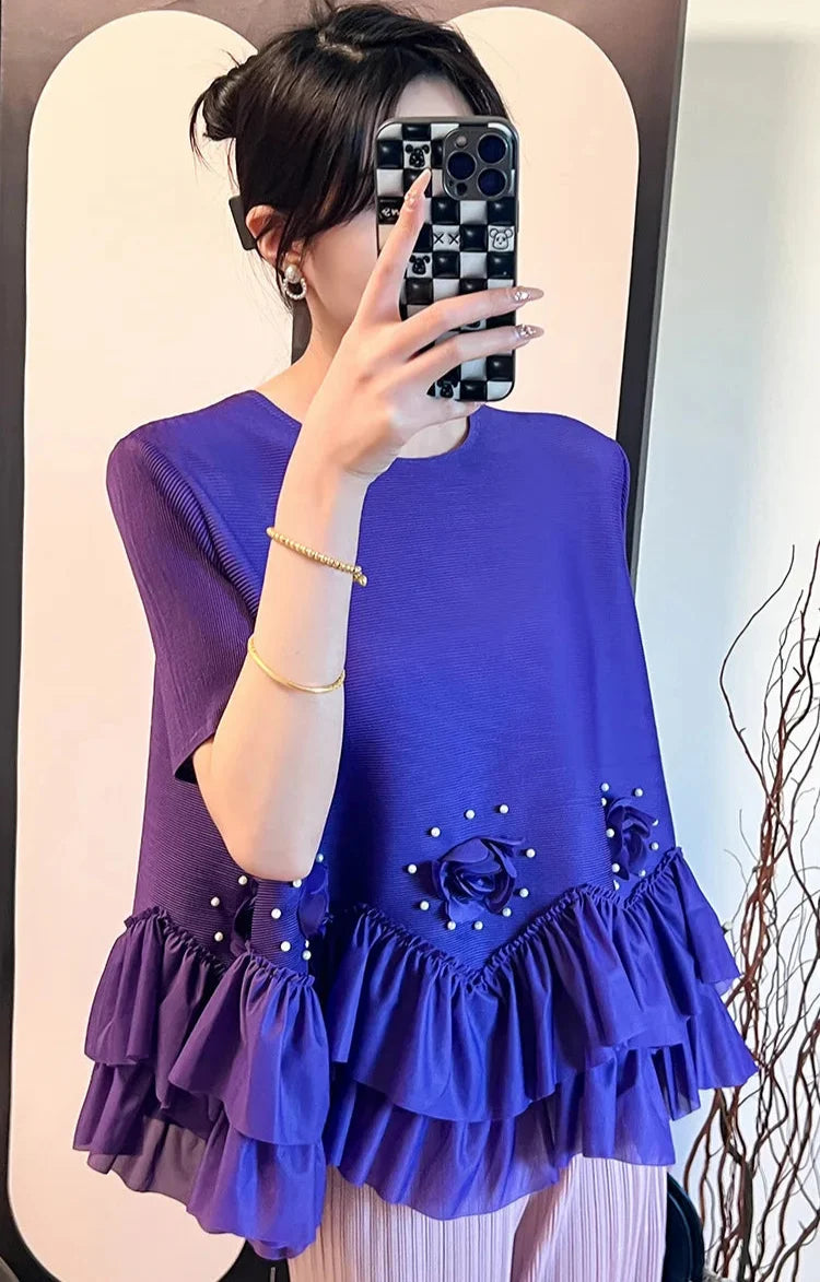 Floral Plissé Ruffle Blouse Top