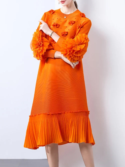 Cocktail Party Dress - Pleated Midi, Statement Sleeves
