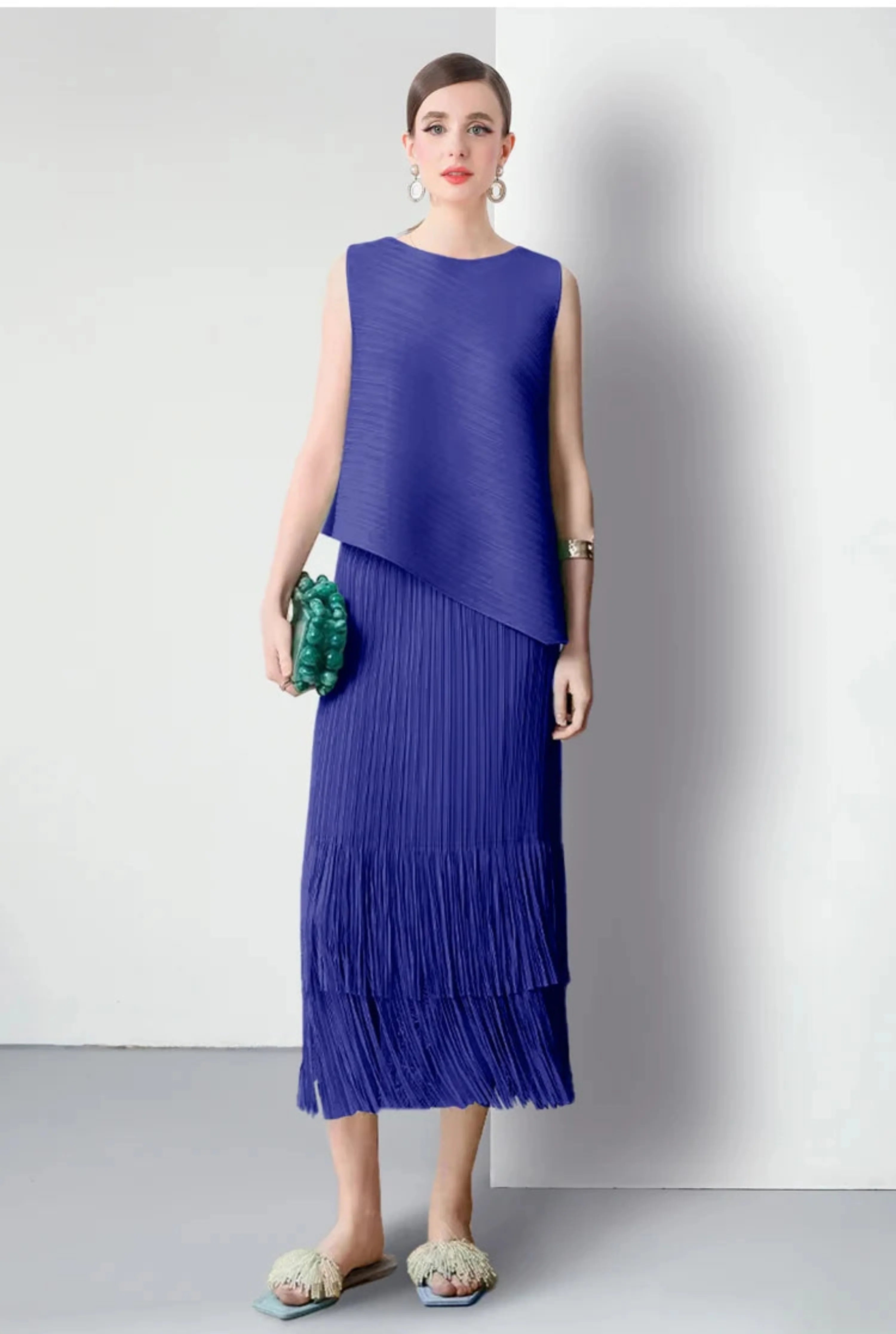 Luxury Plissé Pleated Tassel Skirt Set