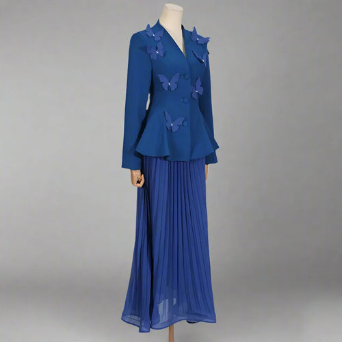 Butterfly Elegance Pleated Skirt & Blazer Set