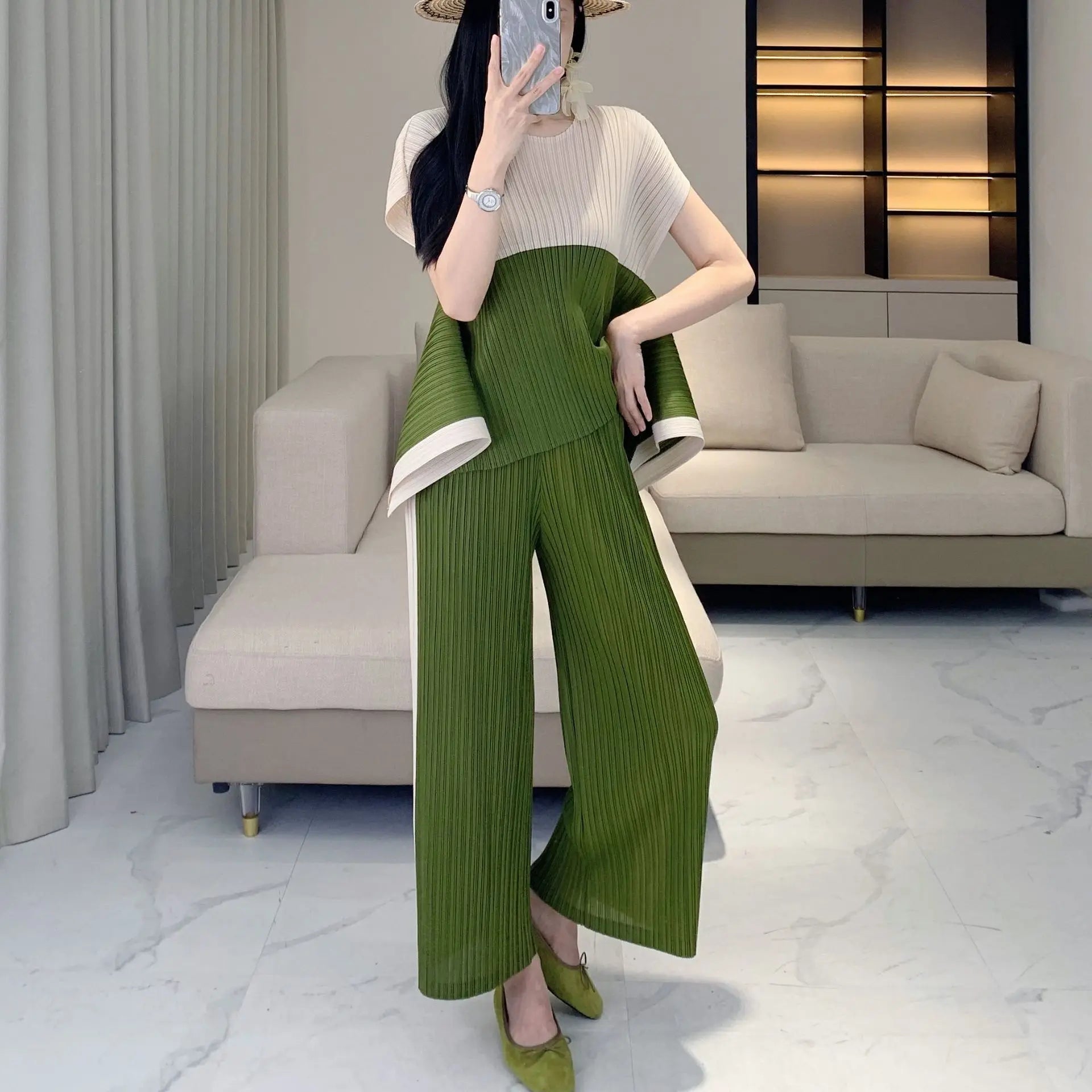 Geometric Pleated Top & Pants Set