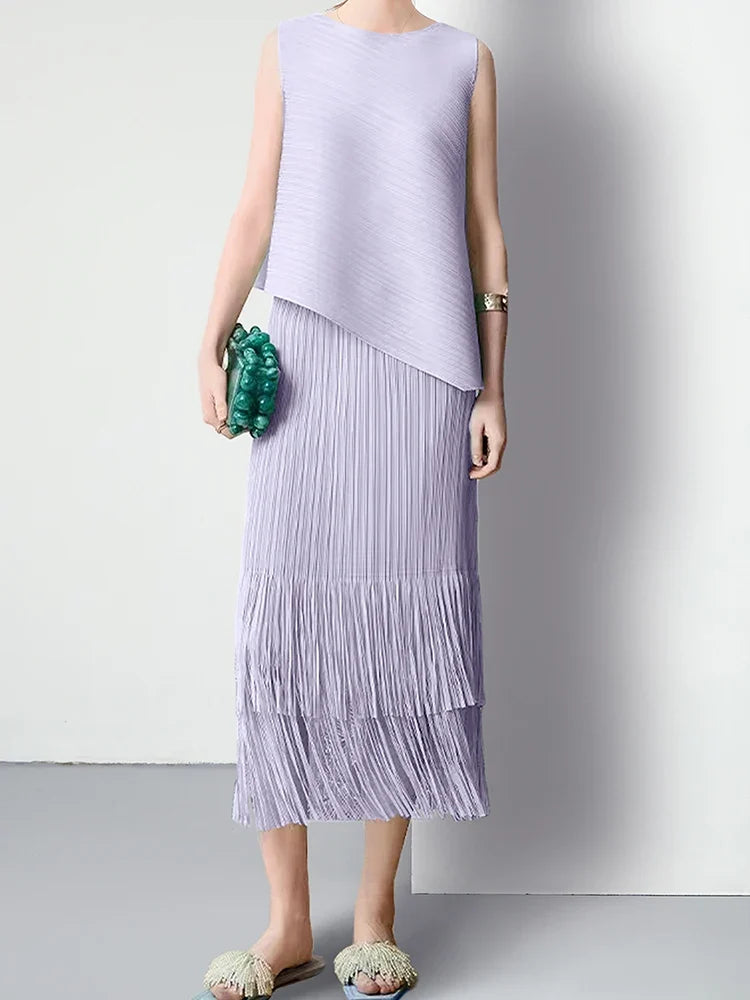 Luxury Plissé Pleated Tassel Skirt Set