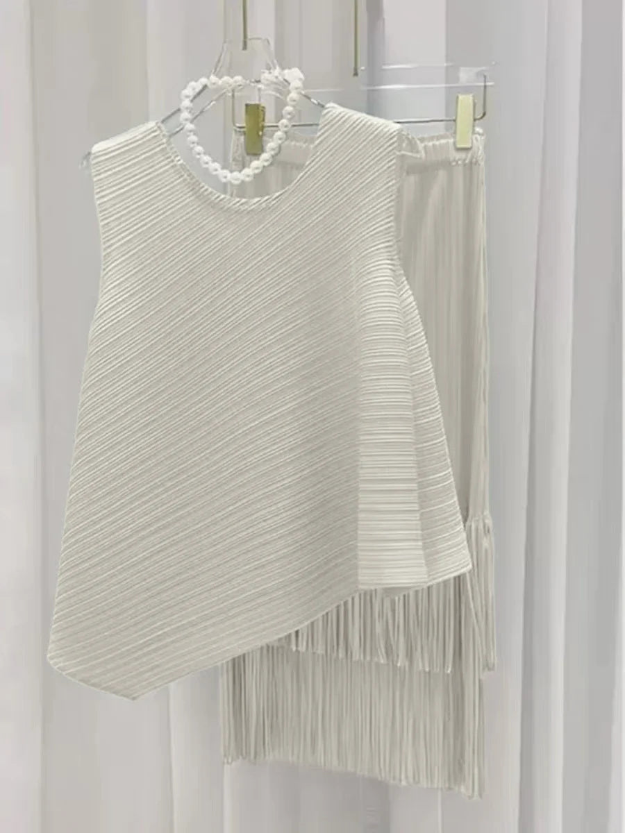 Luxury Plissé Pleated Tassel Skirt Set