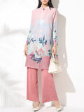 Luxury Floral Pleated Blouse & Wide-Leg Pant Set