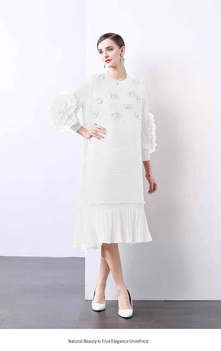Cocktail Party Dress - Pleated Midi, Statement Sleeves