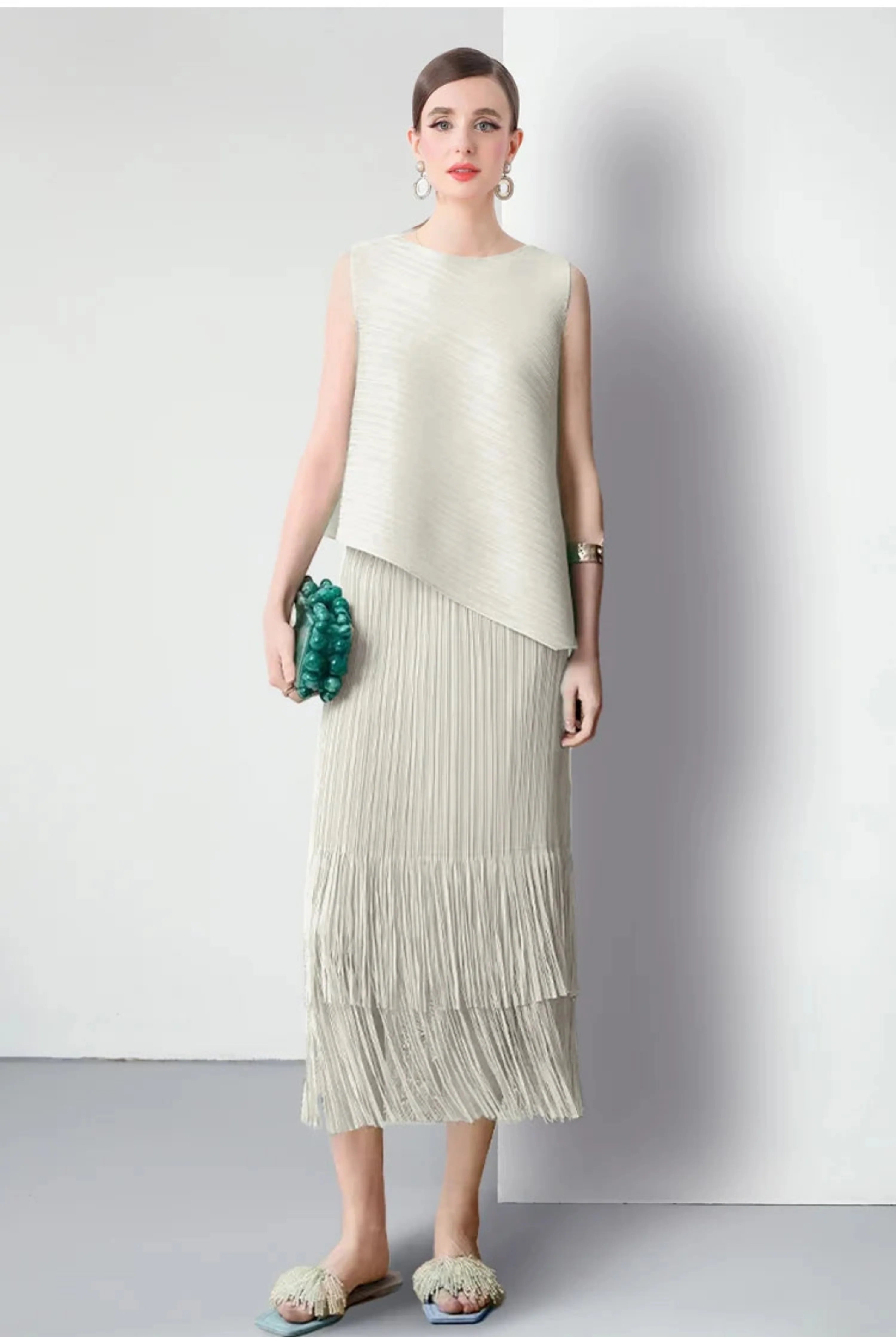 Luxury Plissé Pleated Tassel Skirt Set