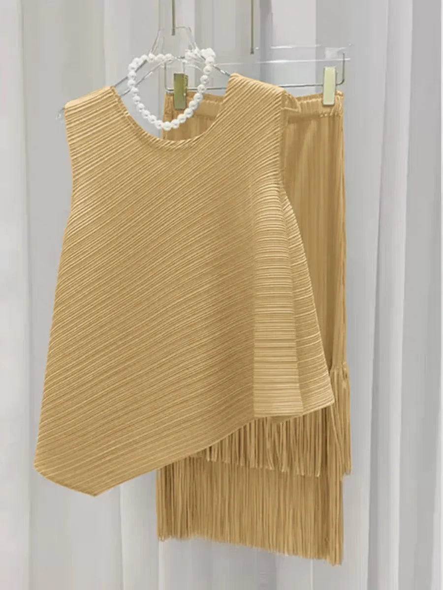Luxury Plissé Pleated Tassel Skirt Set