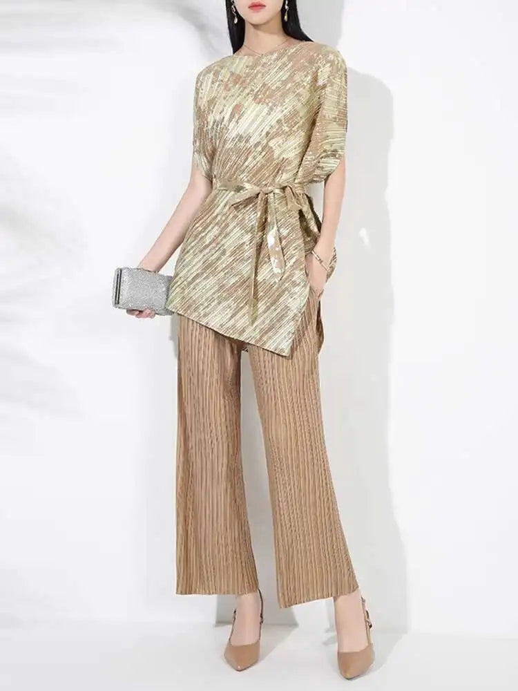 Gold Pleated Top & Pant Set