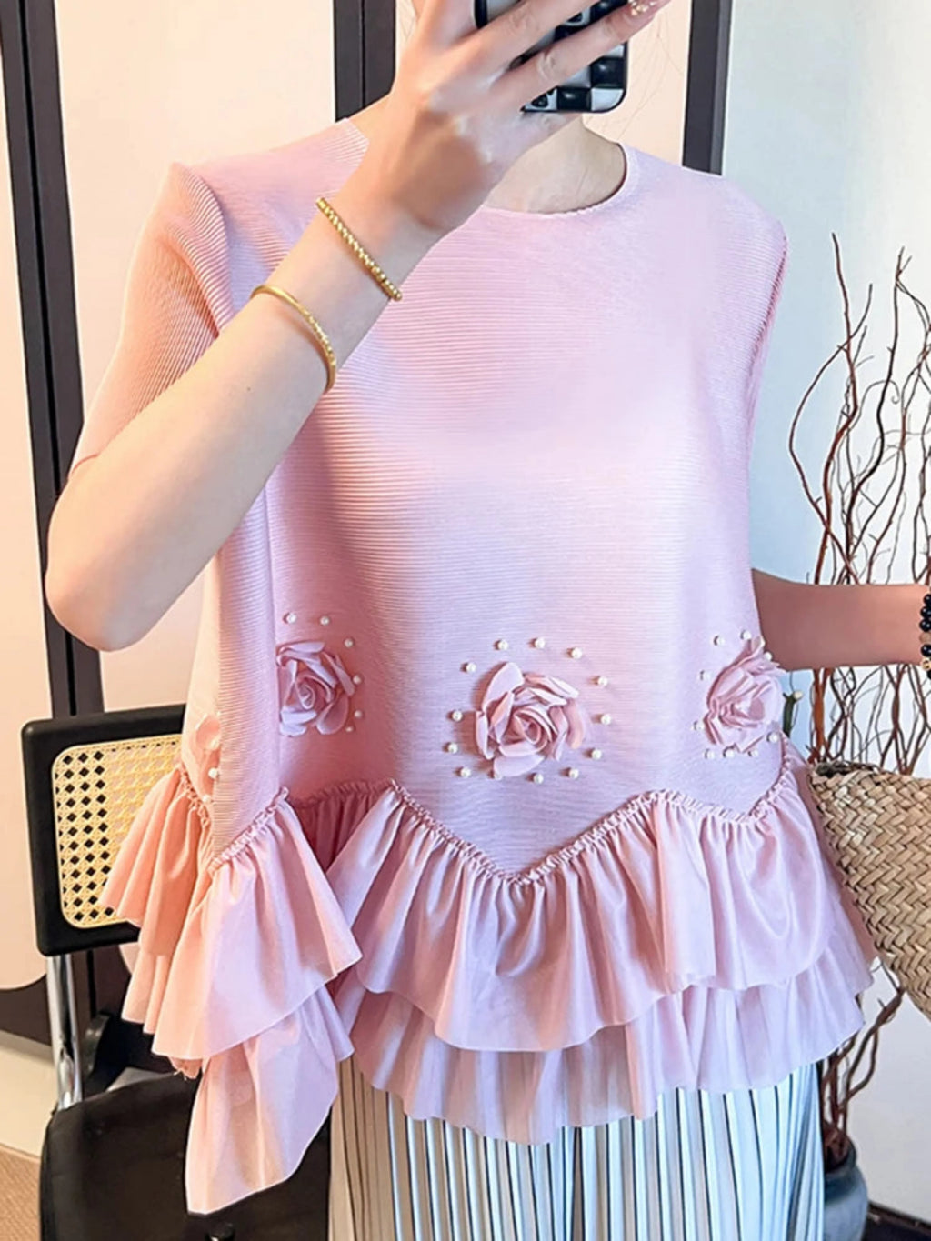 Floral Plissé Ruffle Blouse Top