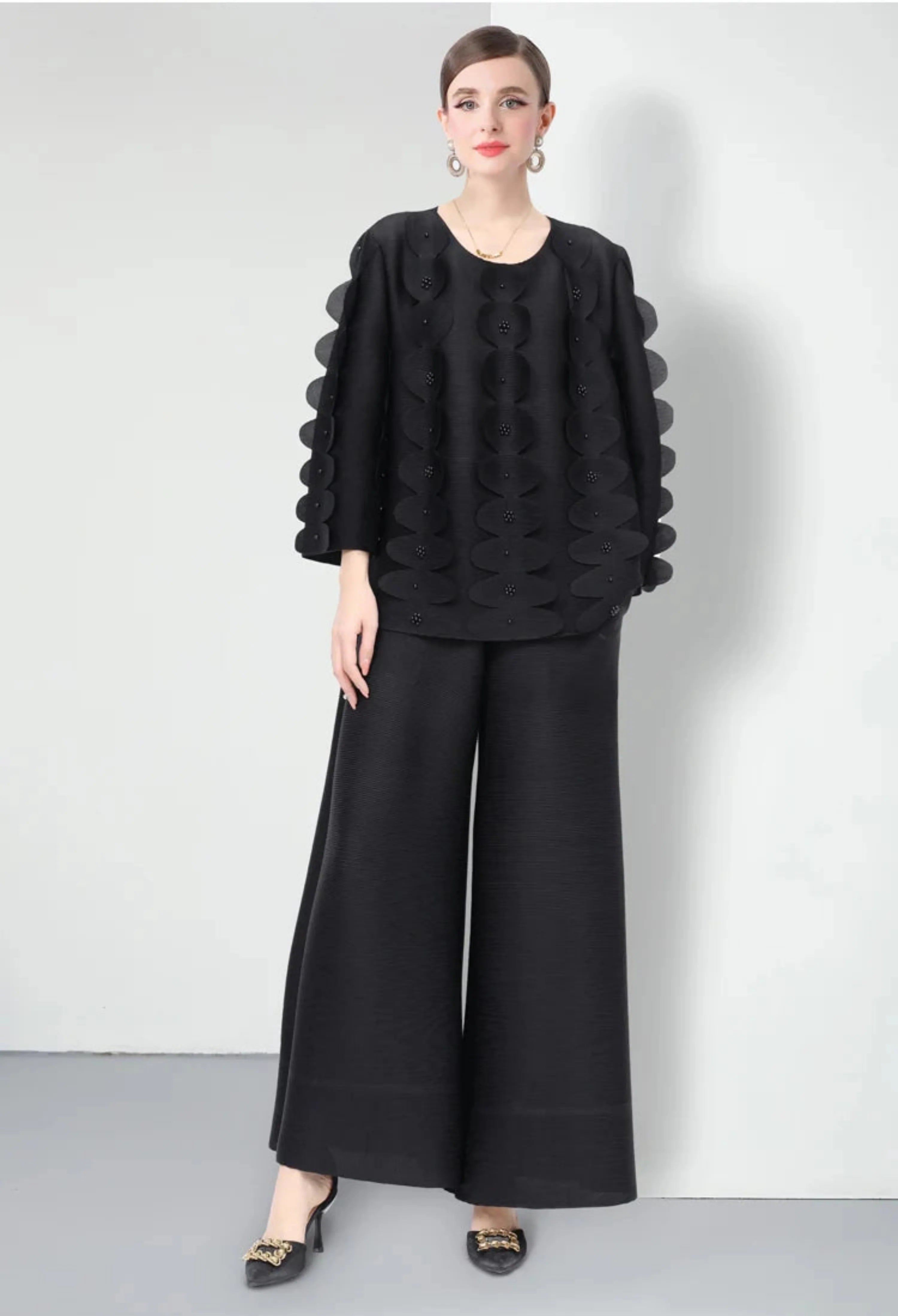 Casual Pleated Wide-Leg Trouser Set