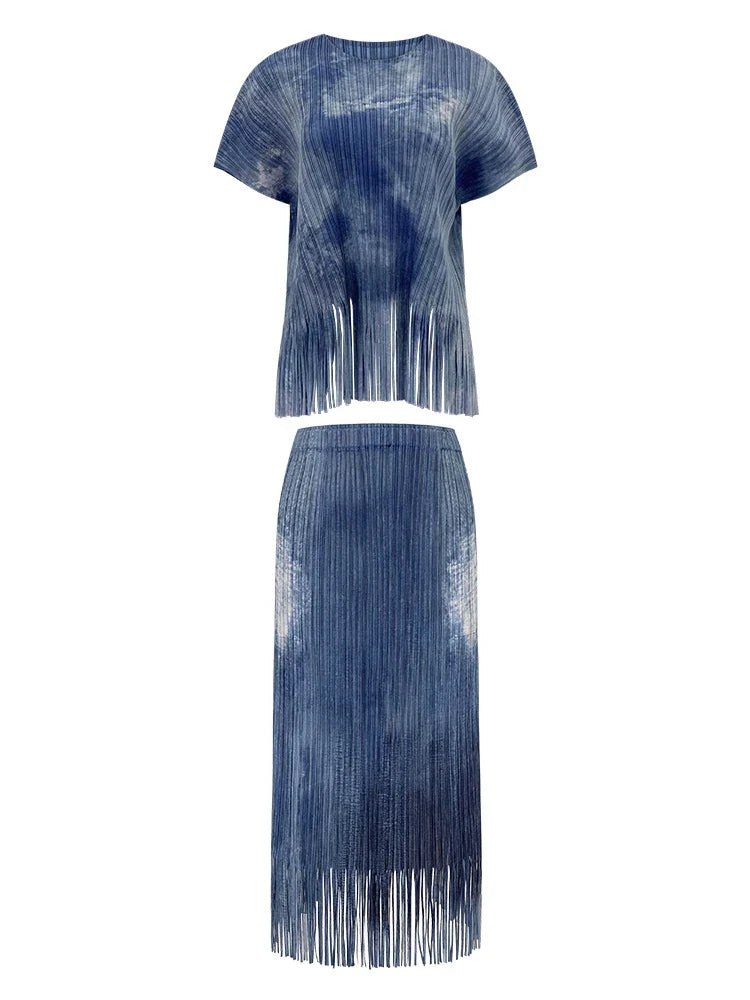 Luxury Pleated Fringe Pull-On Skirt & Top