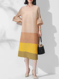 Japanese Pleated Midi Dress with Colorblock