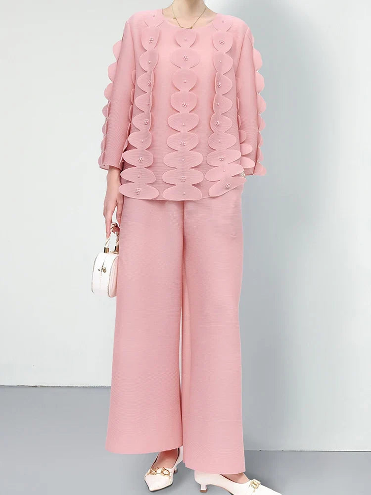 Casual Pleated Wide-Leg Trouser Set