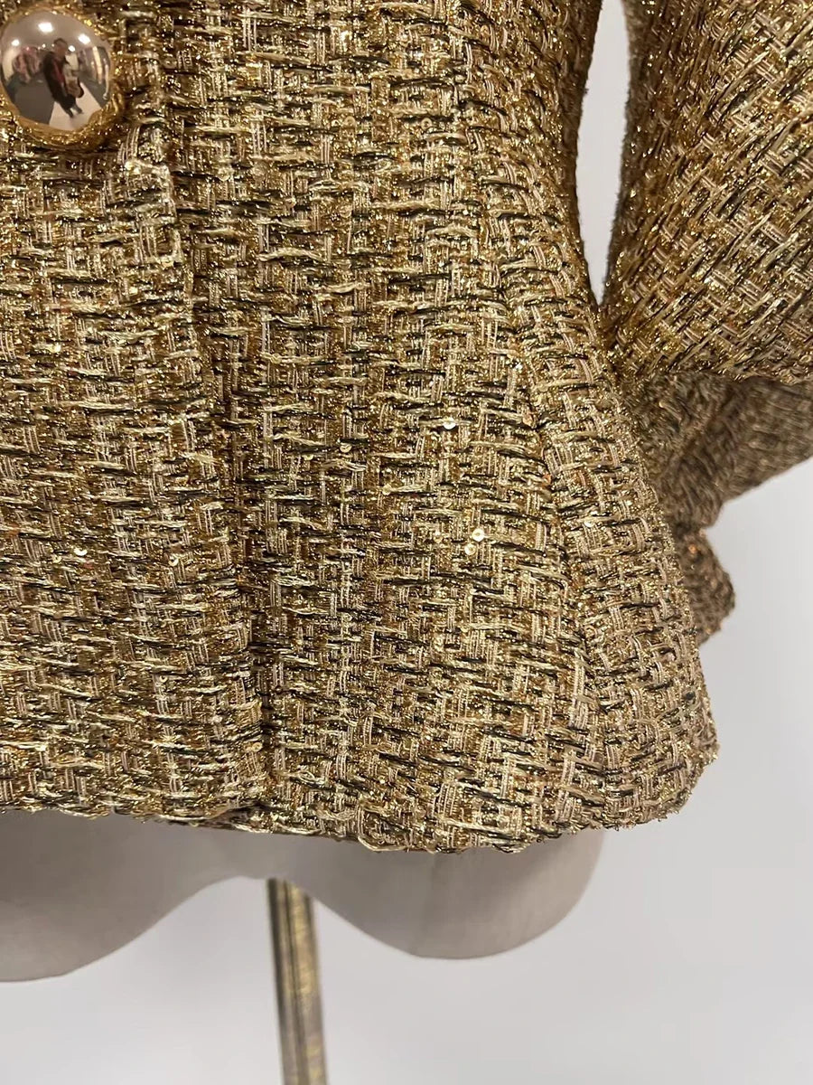 Women's Gold Metallic Tweed Peplum Jacket