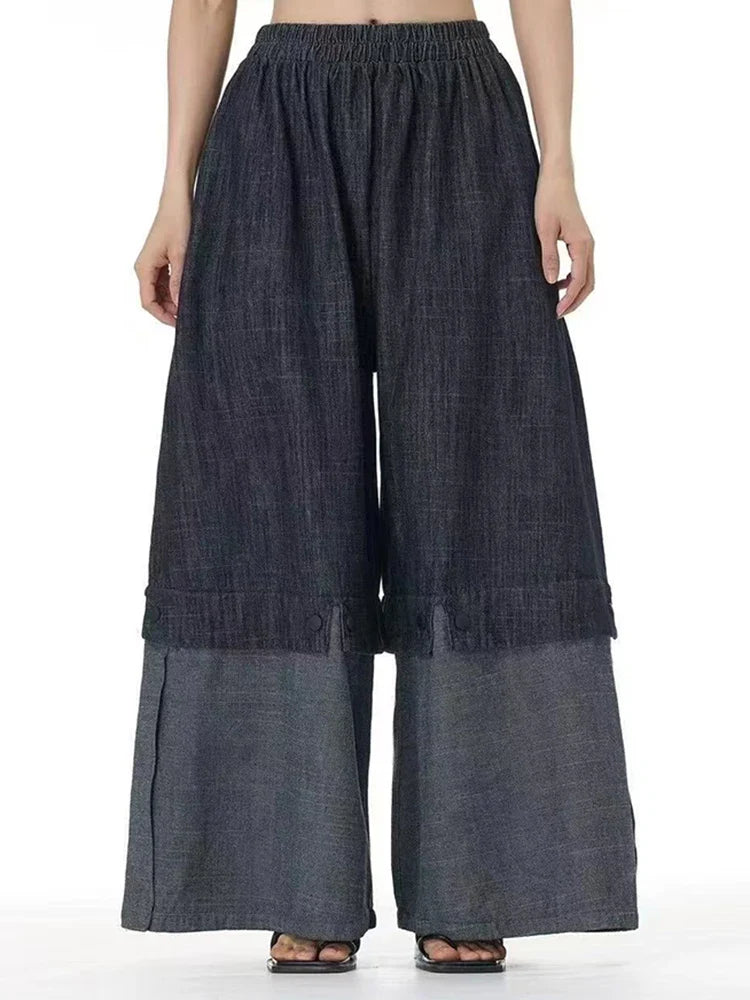 Cotton Denim Wide-Leg Pants with Elastic Waistband