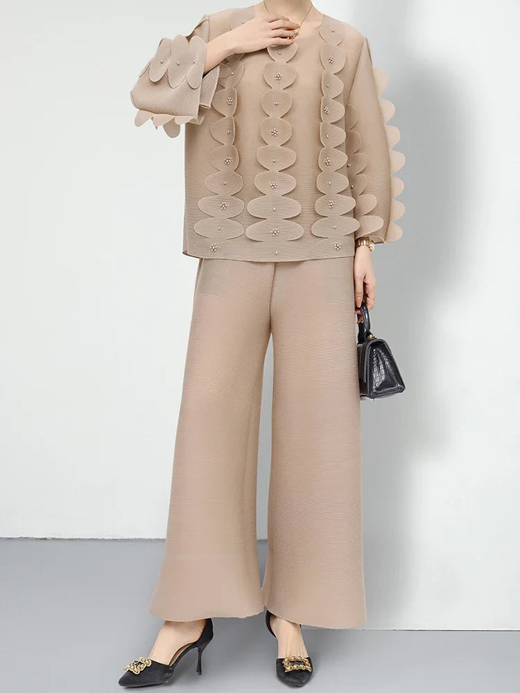 Casual Pleated Wide-Leg Trouser Set