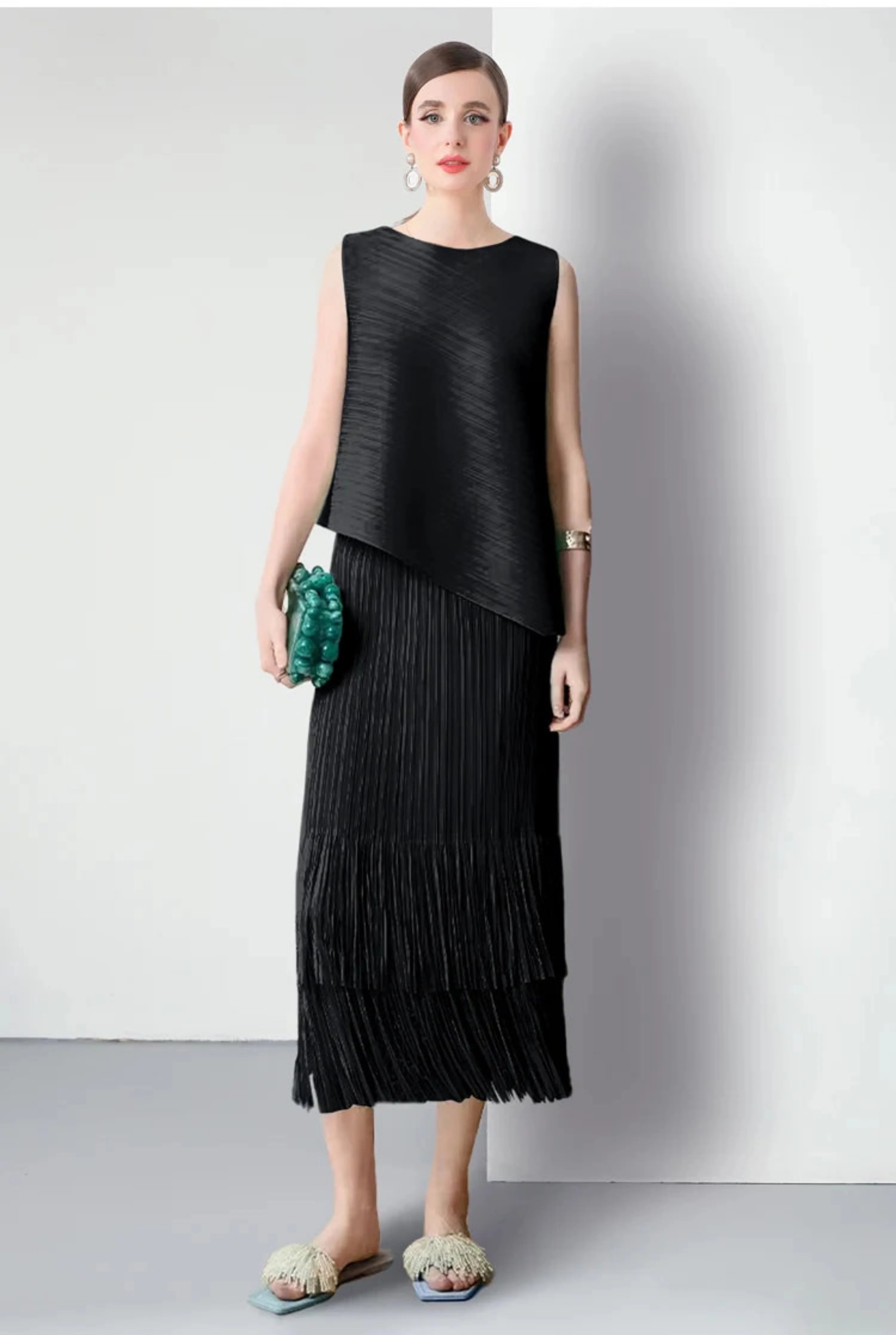 Luxury Plissé Pleated Tassel Skirt Set