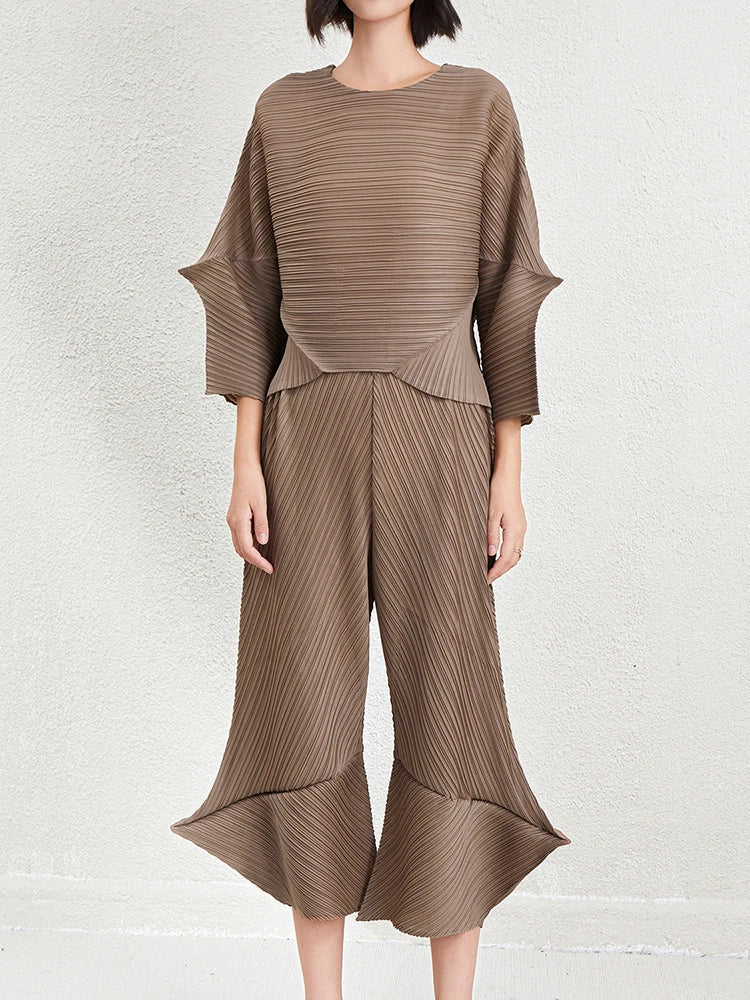 Luxury 2-Piece Pleated Textured Wide Leg Pant Set