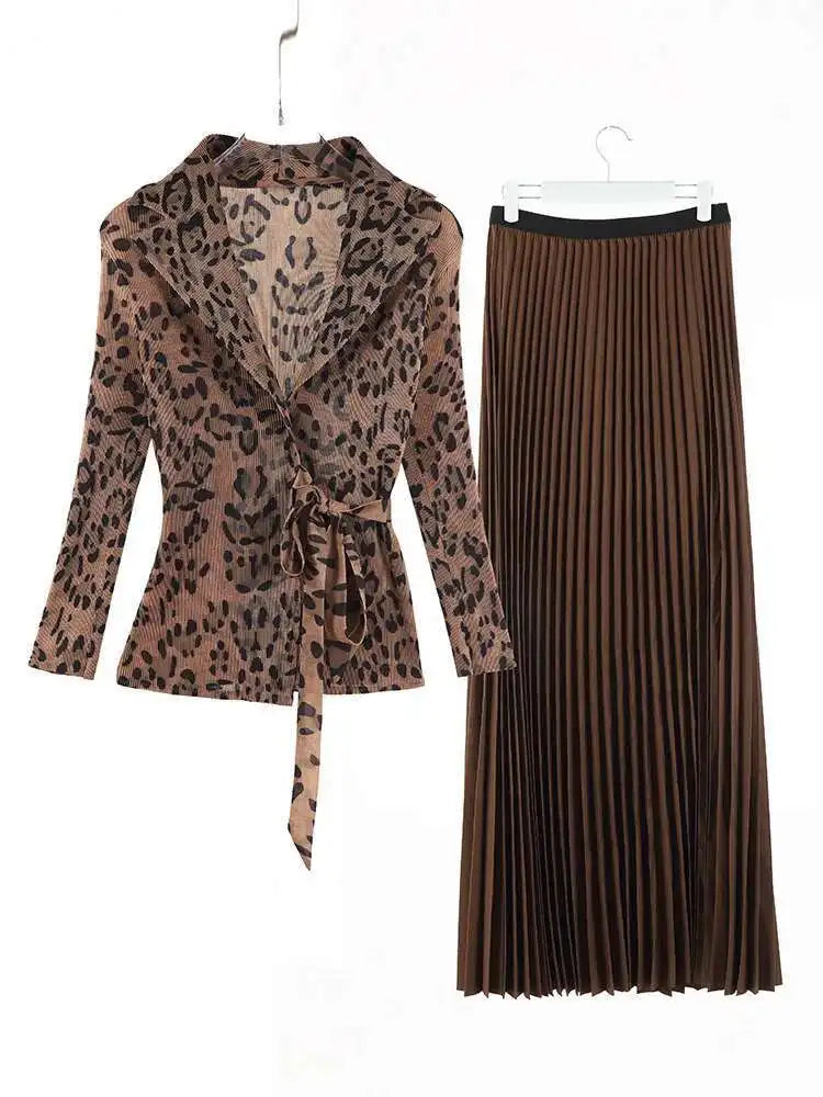 Leopard Pleated Skirt & Wrap Blouse