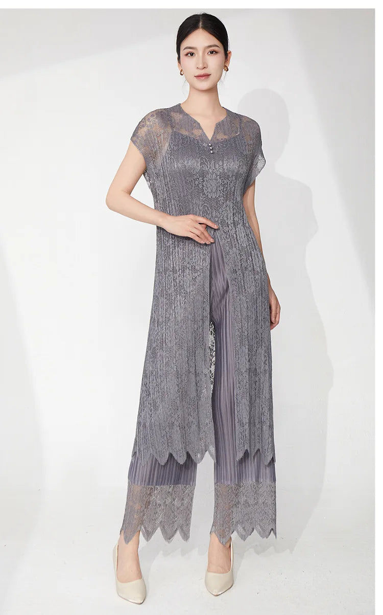 2-Piece Lace Pleated Palazzo Pants Outfit