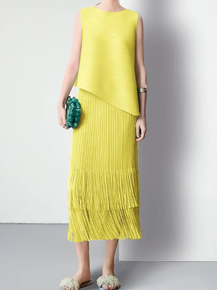 Luxury Plissé Pleated Tassel Skirt Set