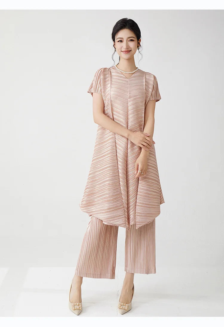 Gold Flowy Pleated Pant & Top Set