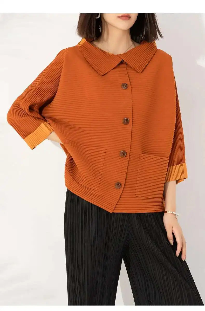 Textured Pleated Buttoned Jacket