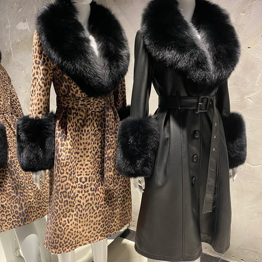 Women's Leather Coat with Fur Collar & Cuffs