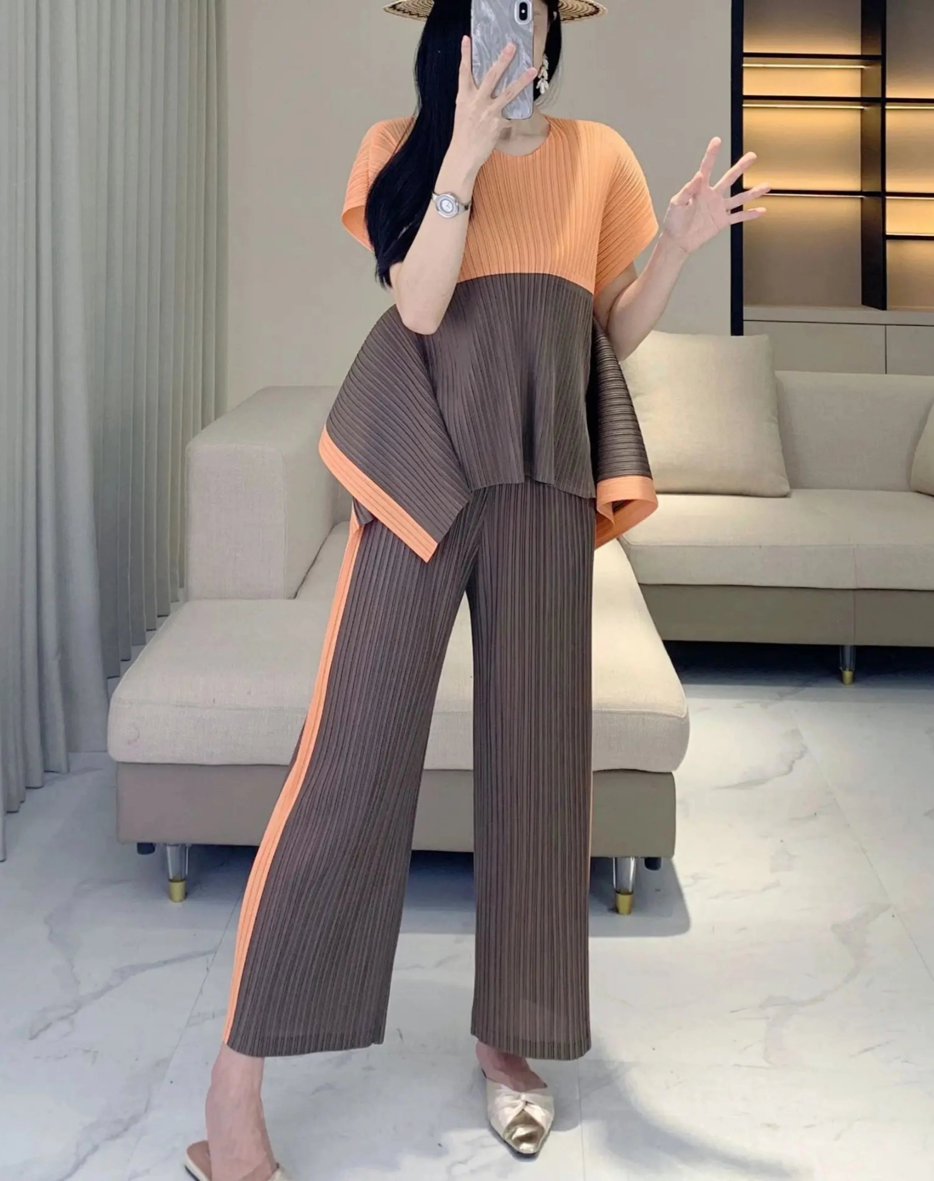 Geometric Pleated Top & Pants Set