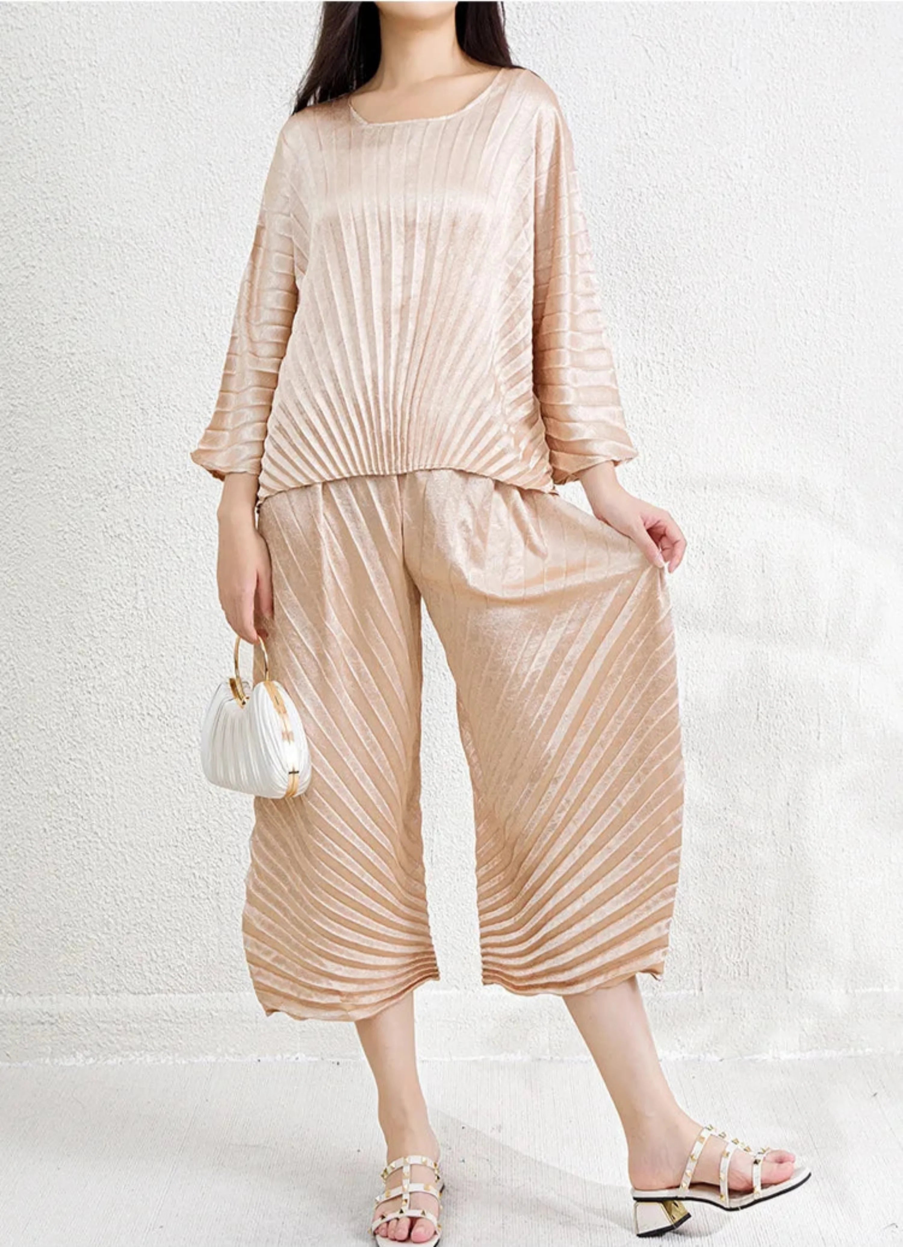 Women's Wide Leg Pleated Two-Piece Set