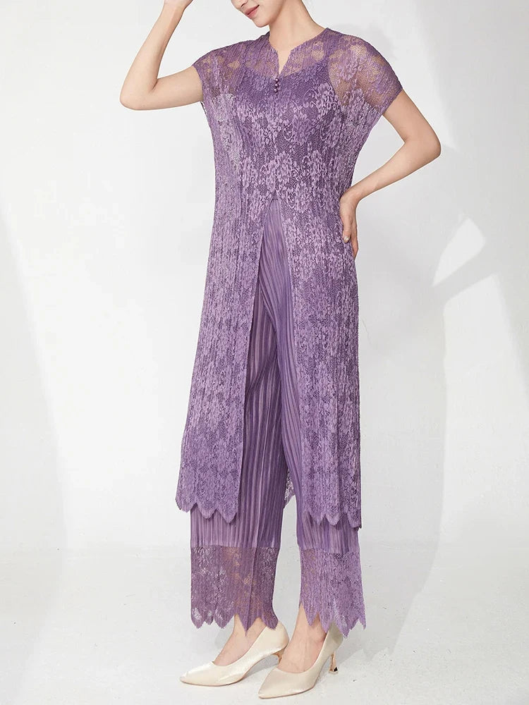 2-Piece Lace Pleated Palazzo Pants Outfit