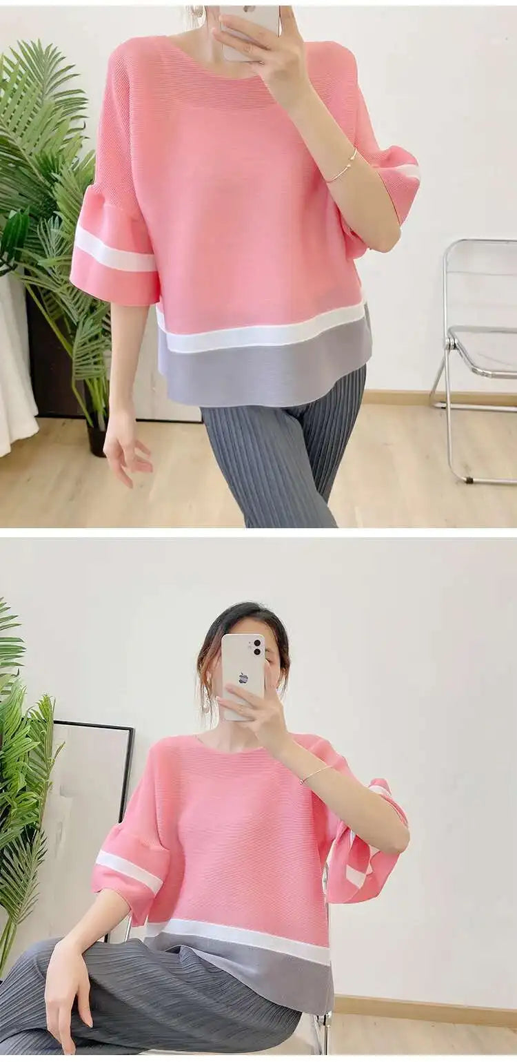 Truly Pleated Stripe 3/4 Sleeve Top