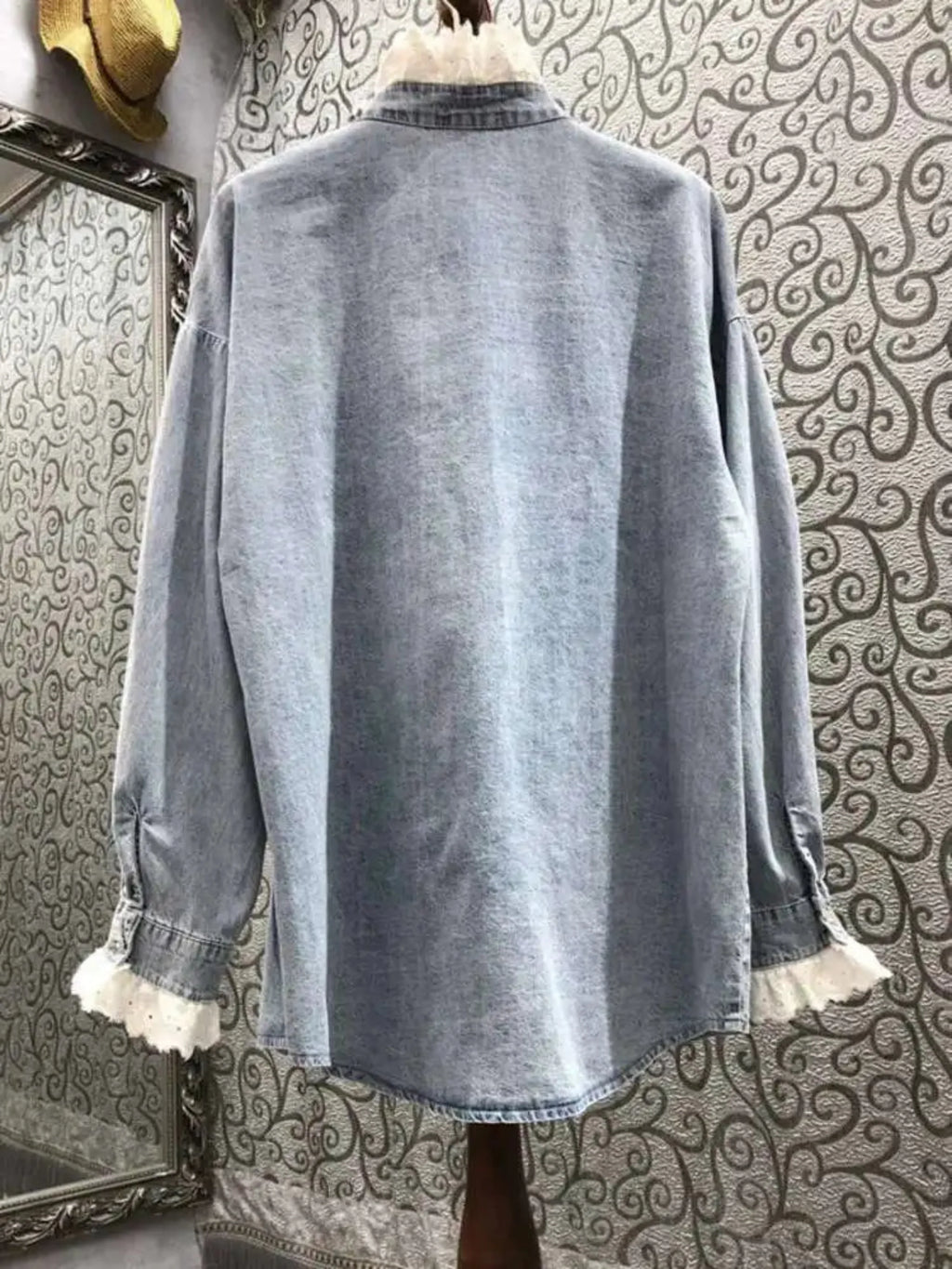 Luxe Ruffled Gemstone Denim Blouse