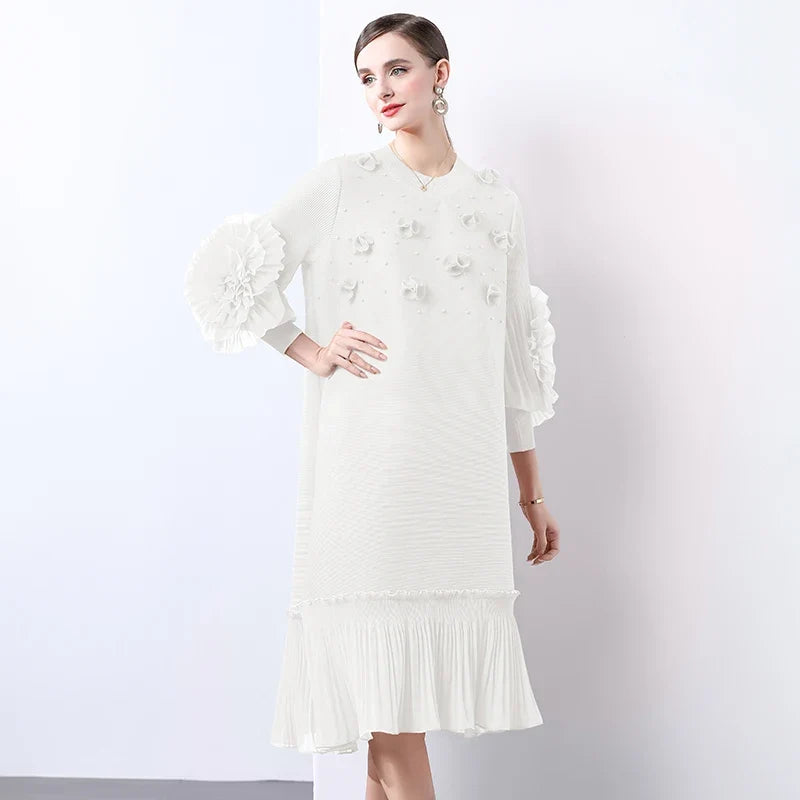 Cocktail Party Dress - Pleated Midi, Statement Sleeves