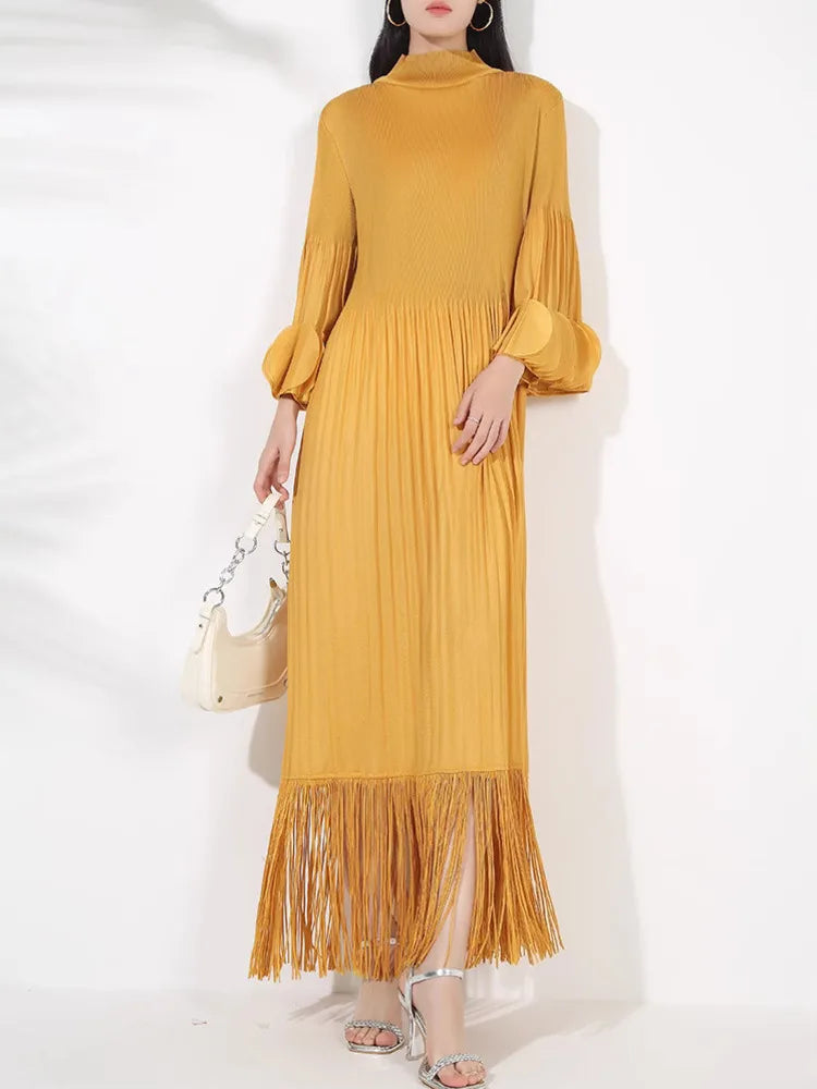 Pleated Long Sleeve Midi Dress with Tassels