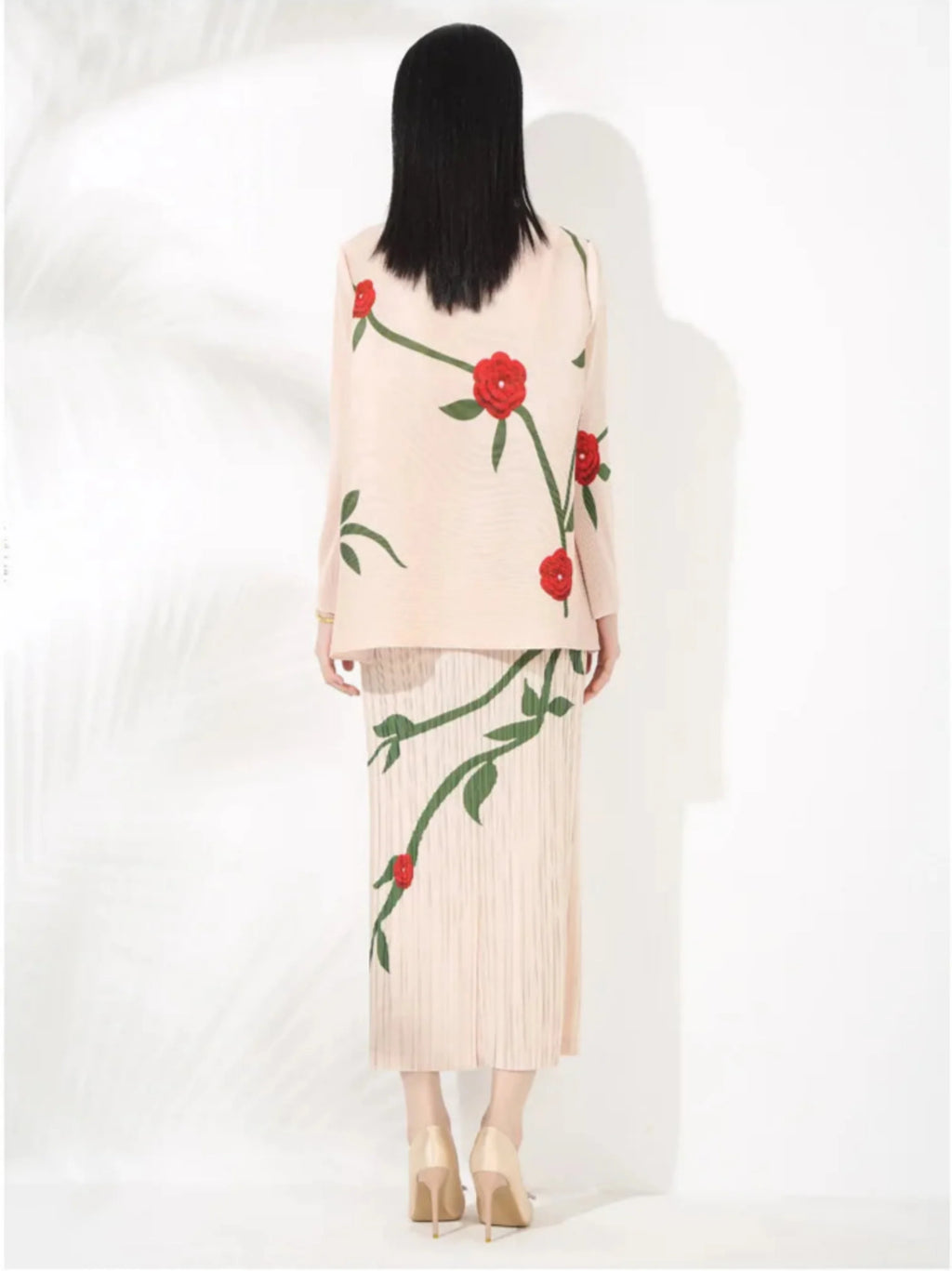 Luxe Feminine Rose Top & Pleated Skirt Set
