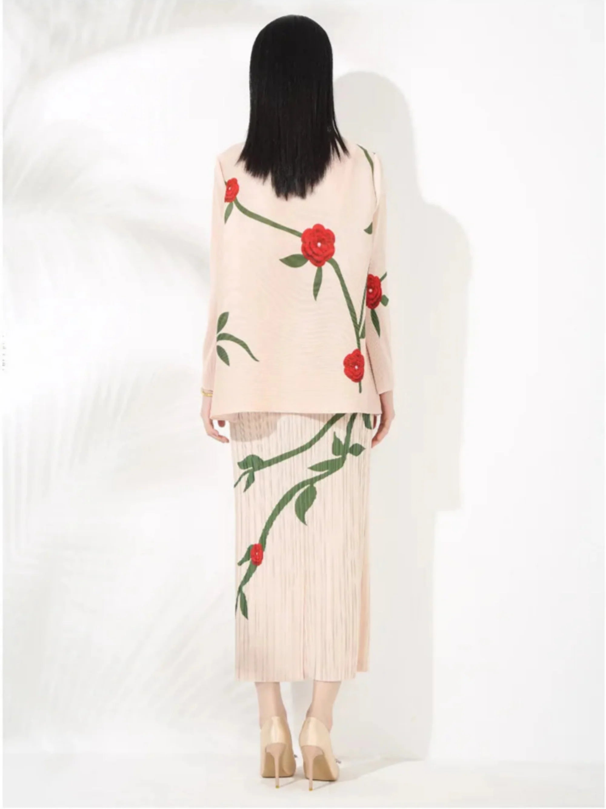 Luxe Feminine Rose Top & Pleated Skirt Set