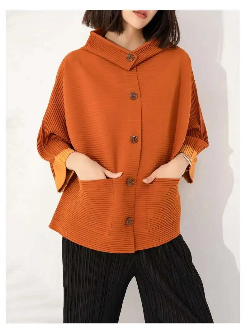 Textured Pleated Buttoned Jacket