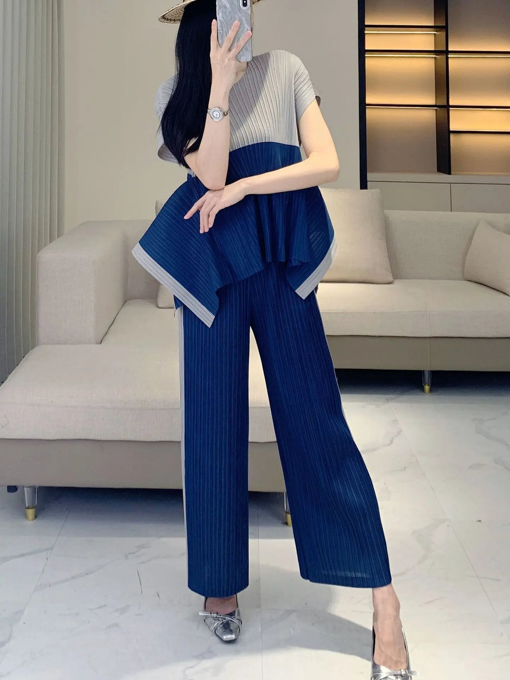 Geometric Pleated Top & Pants Set