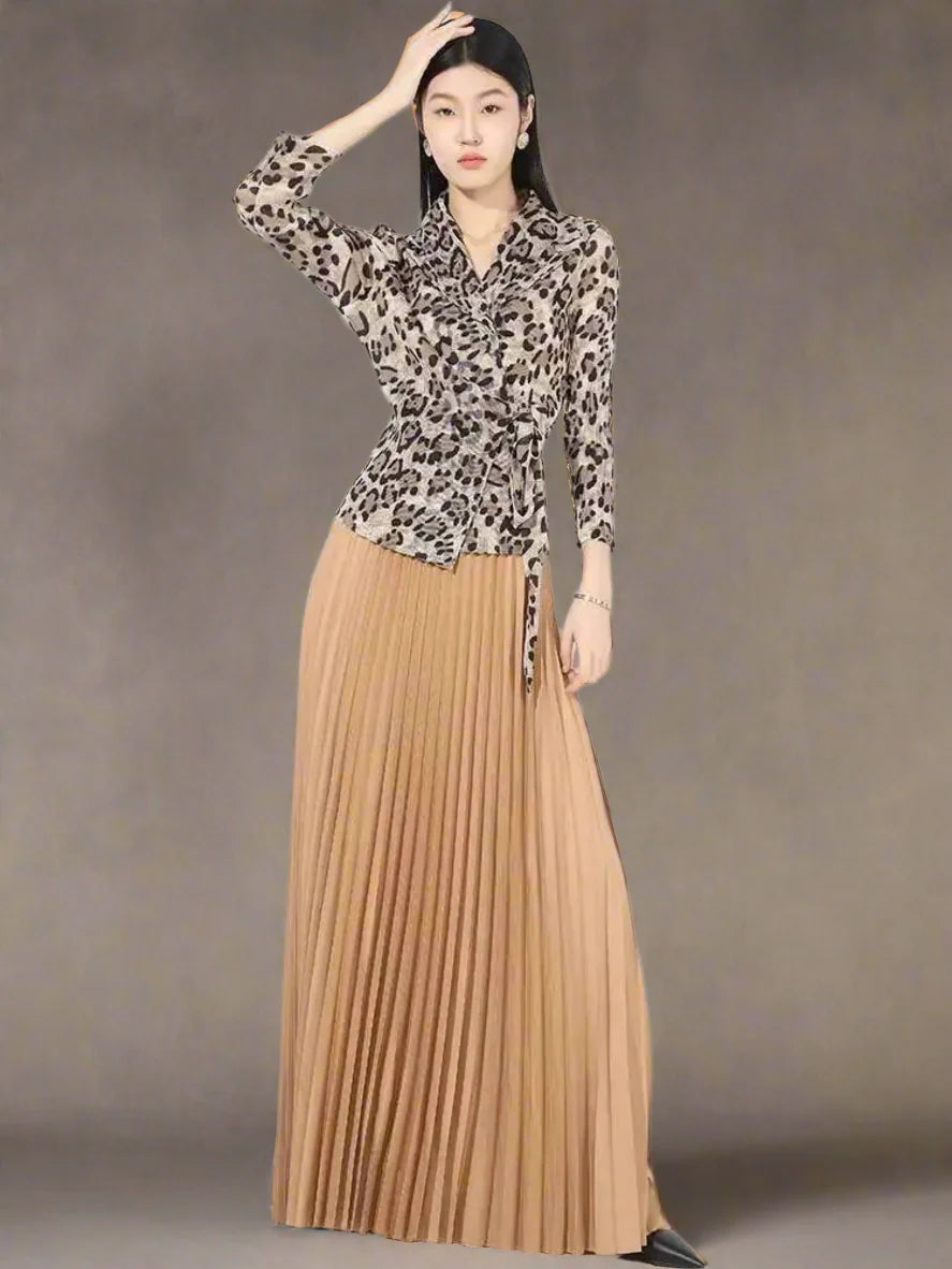 Leopard Pleated Skirt & Wrap Blouse