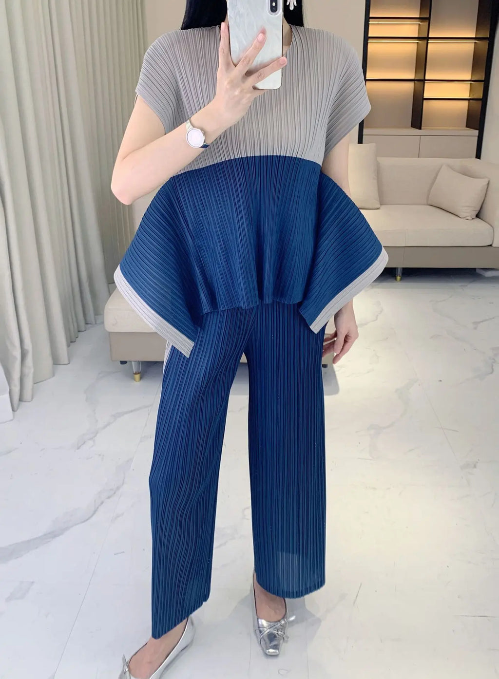 Geometric Pleated Top & Pants Set