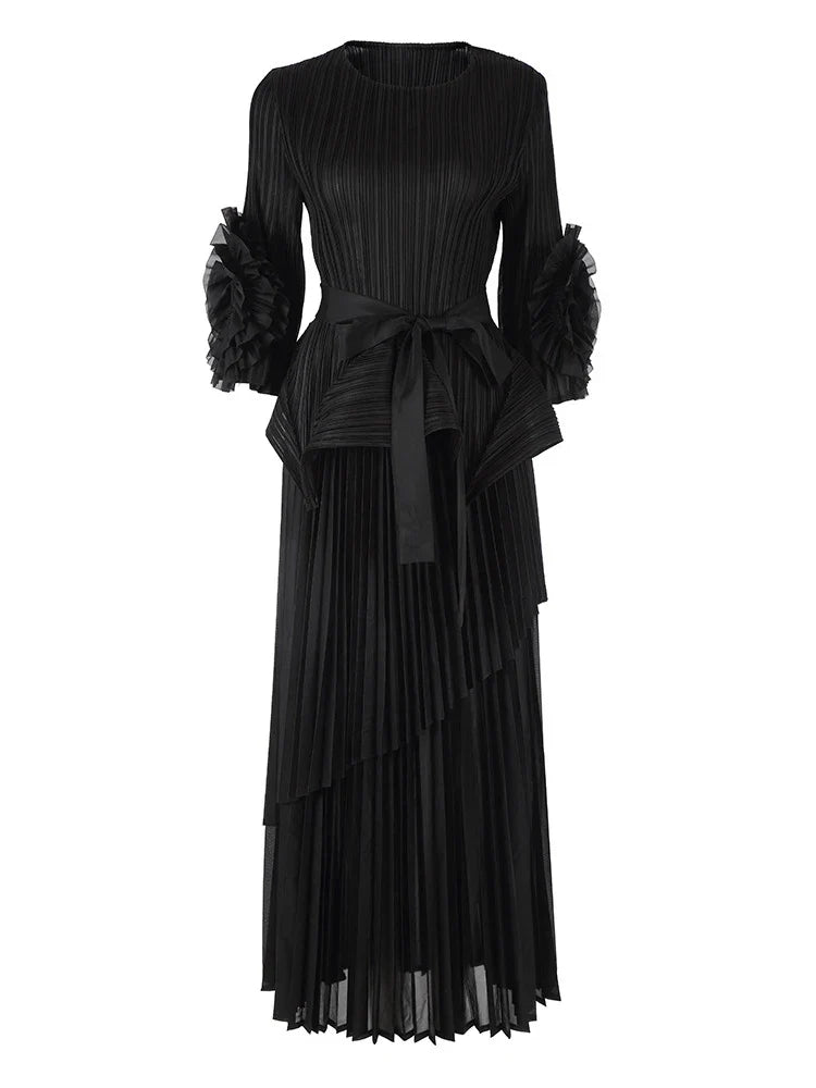 High-End Pleated Midi Skirt Set - Statement Sleeves
