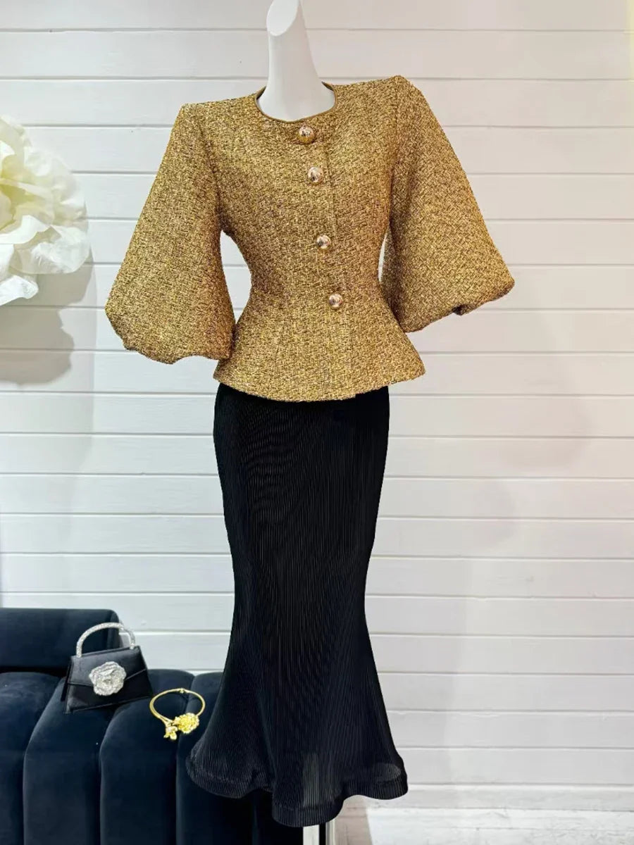 Women's Gold Metallic Tweed Peplum Jacket